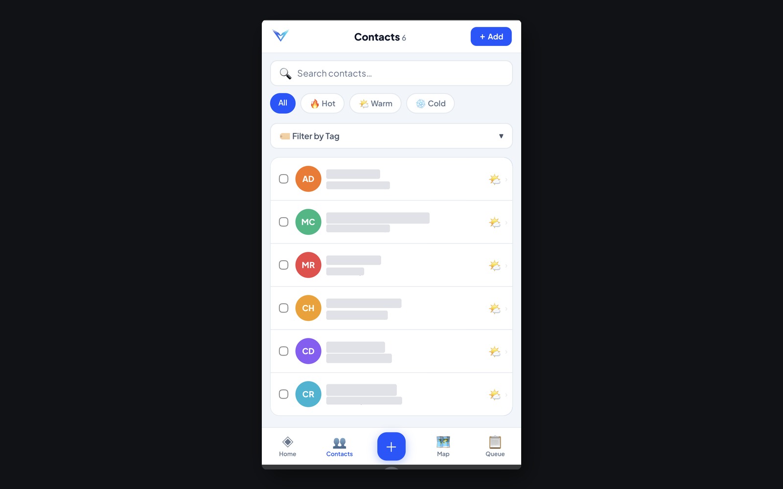 VextraCRM mobile contacts interface
